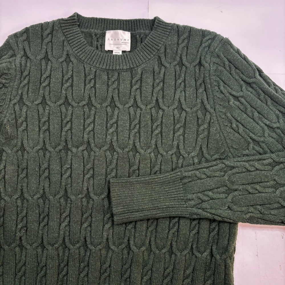 Anonyme Designers Forest Green Cable Knit Crewneck Sweater Womens XS Pullover‎